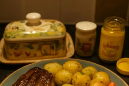 Hickory smoked beef brisket with garlic butter potatoes on a rustic wooden table