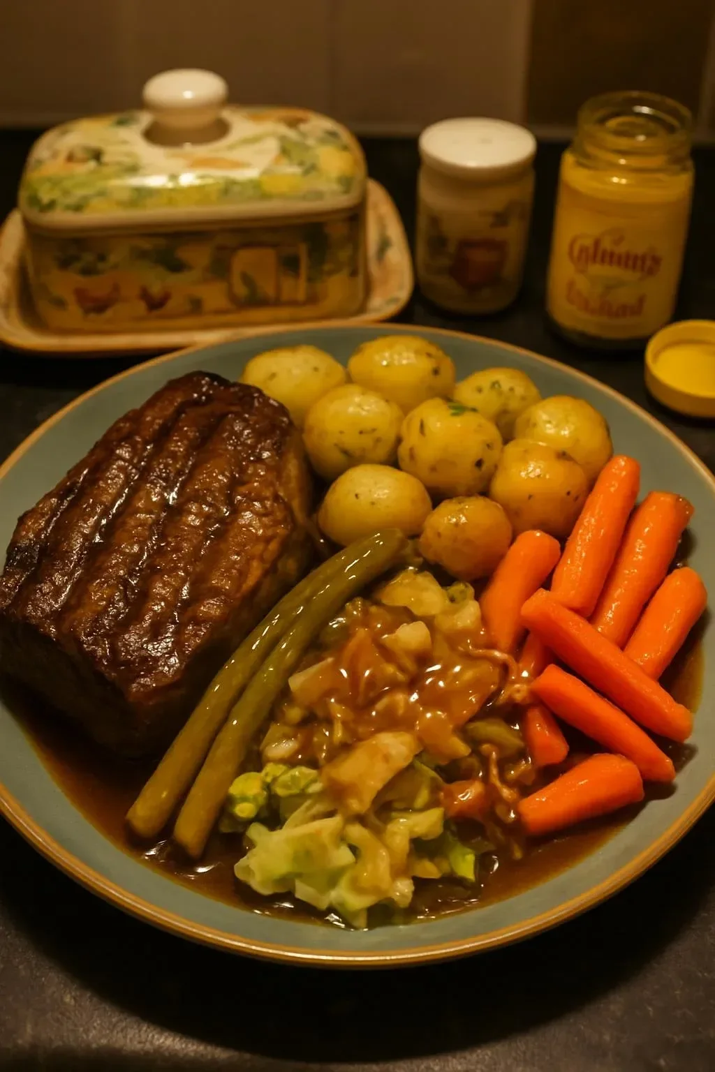 Hickory smoked beef brisket with garlic butter potatoes on a rustic wooden table