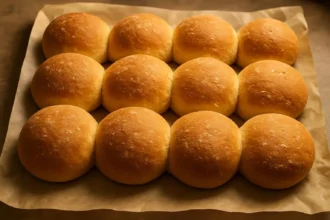 Freshly baked homemade bread rolls on a wooden table