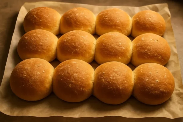 Freshly baked homemade bread rolls on a wooden table