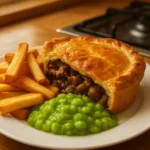 Homemade steak, onion, and mushroom pie served on a plate.