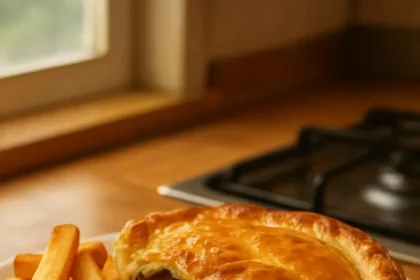 Homemade steak, onion, and mushroom pie served on a plate.