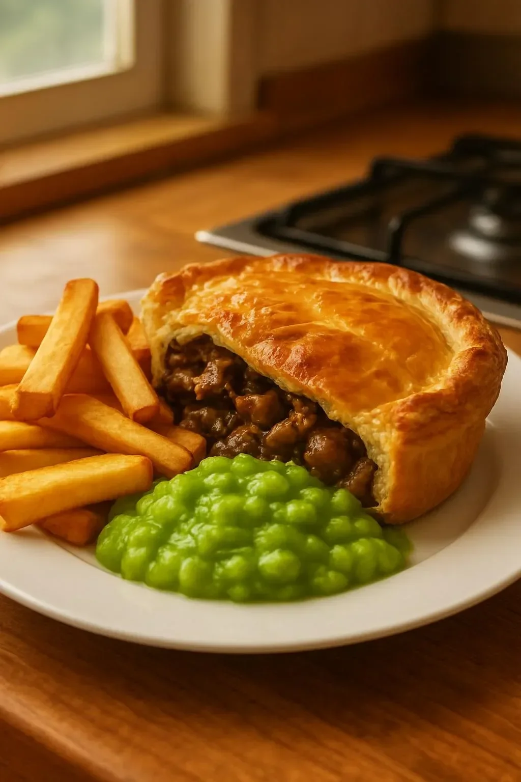 Homemade steak, onion, and mushroom pie served on a plate.