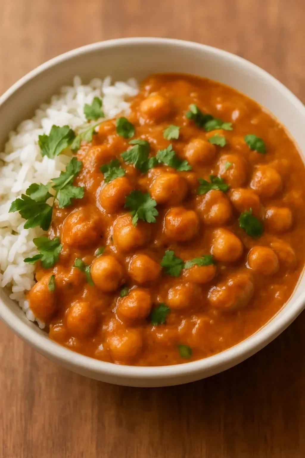 Delicious Indian Butter Chickpeas served in a bowl with fresh herbs