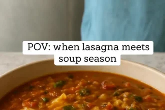 Bowl of Instant Pot Lasagna Soup topped with cheese and herbs