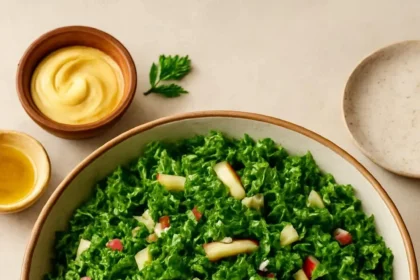 Bowl of fresh Kale Apple Slaw with green kale and red apple slices