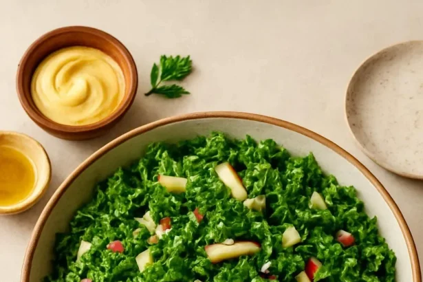 Bowl of fresh Kale Apple Slaw with green kale and red apple slices