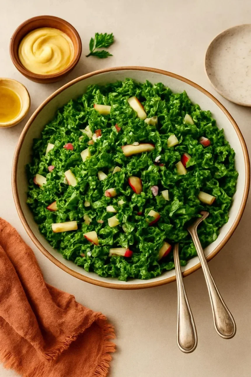 Bowl of fresh Kale Apple Slaw with green kale and red apple slices
