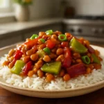 Bowl of Kung Pao Lentils garnished with green onions and peanuts