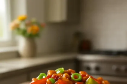Bowl of Kung Pao Lentils garnished with green onions and peanuts