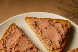 Liver pâté spread on hot buttered toast, topped with herbs.