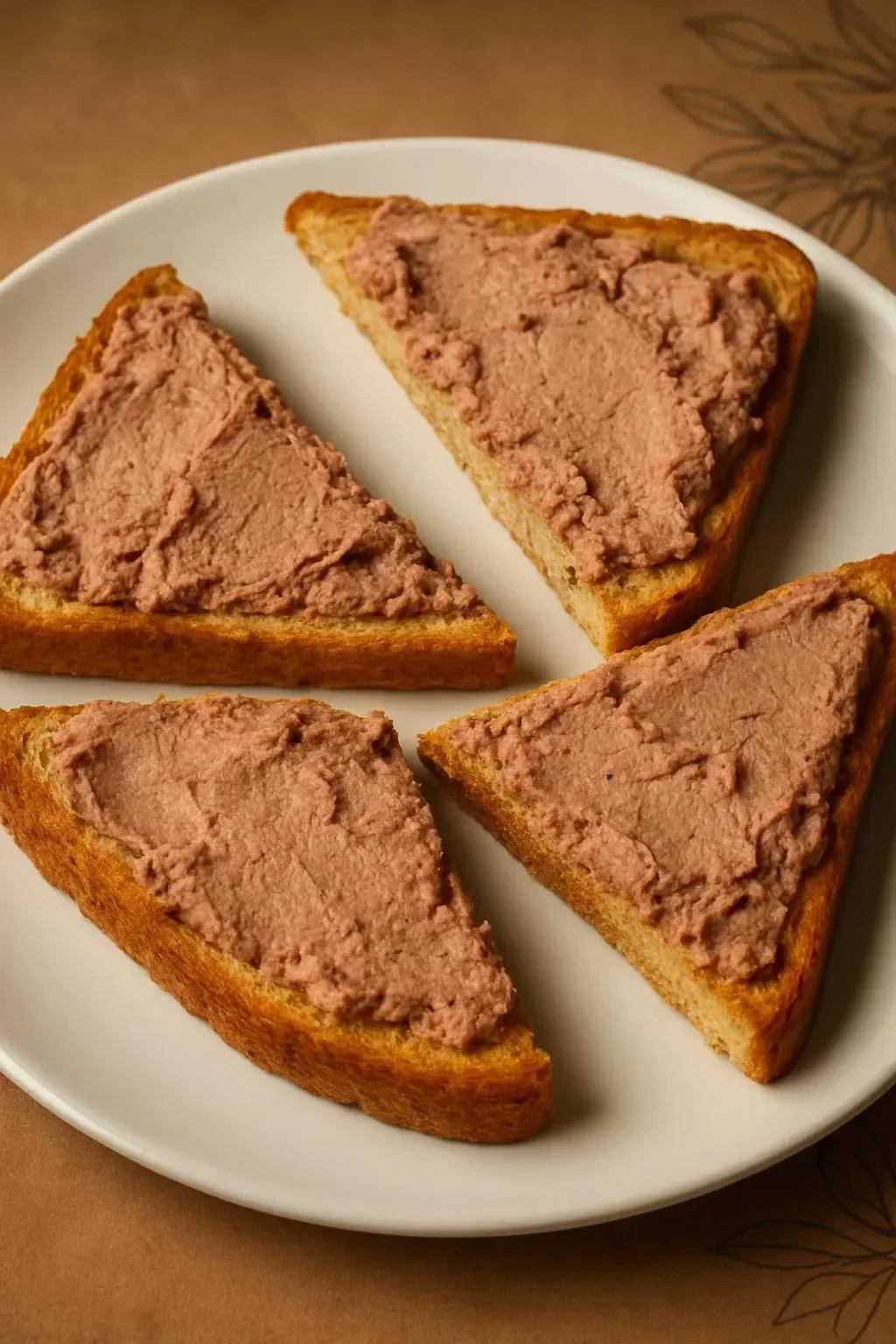 Liver pâté spread on hot buttered toast, topped with herbs.
