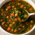 Bowl of hearty Mushroom Chickpea Soup topped with fresh herbs