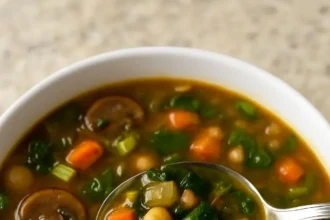Bowl of hearty Mushroom Chickpea Soup topped with fresh herbs