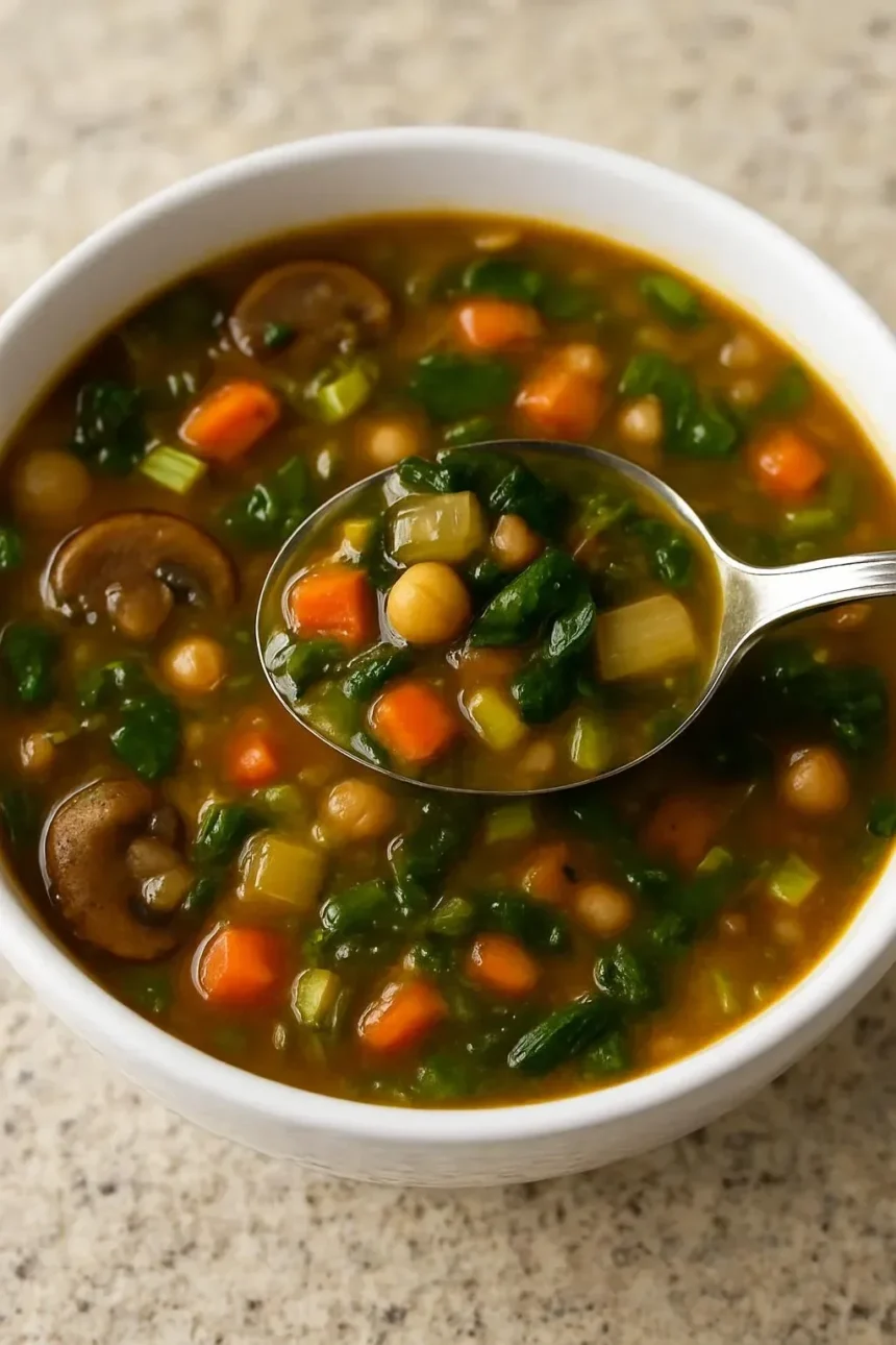 Bowl of hearty Mushroom Chickpea Soup topped with fresh herbs