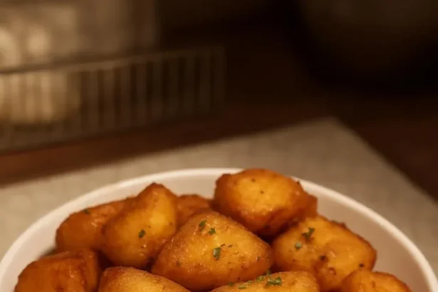 Crispy homemade roast potatoes garnished with herbs