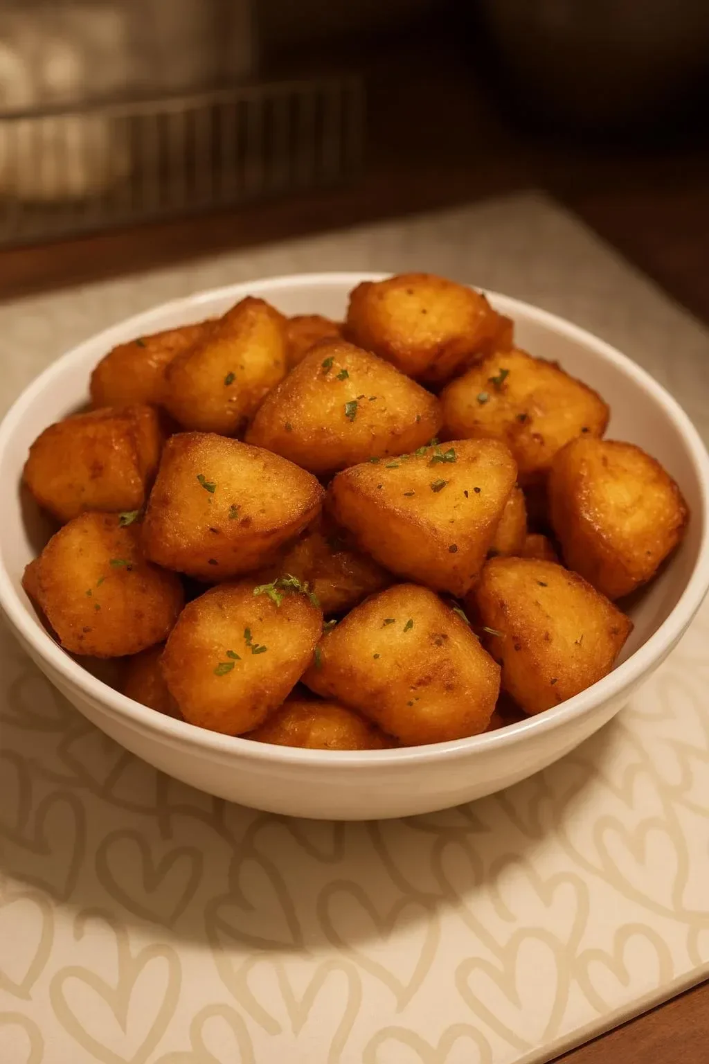 Crispy homemade roast potatoes garnished with herbs