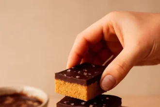 No-bake chocolate peanut butter dessert with chocolate drizzle on top