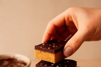 No-bake chocolate peanut butter dessert with chocolate drizzle on top