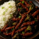 One Pan Vegan Beef with Broccoli dish ready to serve