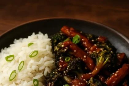 One Pan Vegan Beef with Broccoli dish ready to serve