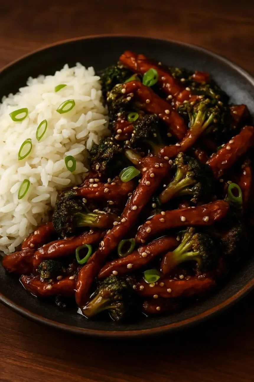 One Pan Vegan Beef with Broccoli dish ready to serve