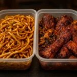 Spicy chicken chow mein and salt and pepper ribs from a Chinese restaurant