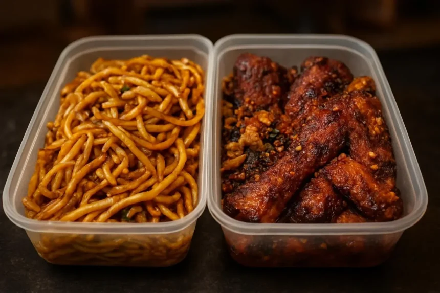 Spicy chicken chow mein and salt and pepper ribs from a Chinese restaurant