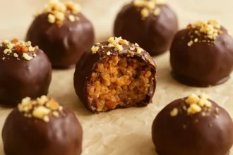 Peanut Butter Pretzel Truffles drizzled with chocolate on a white plate