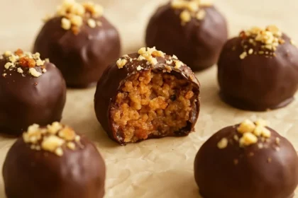 Peanut Butter Pretzel Truffles drizzled with chocolate on a white plate