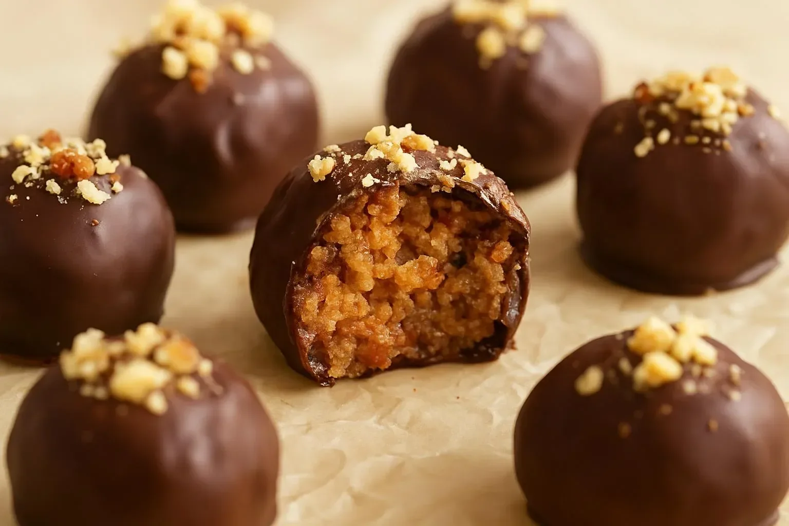 Peanut Butter Pretzel Truffles drizzled with chocolate on a white plate