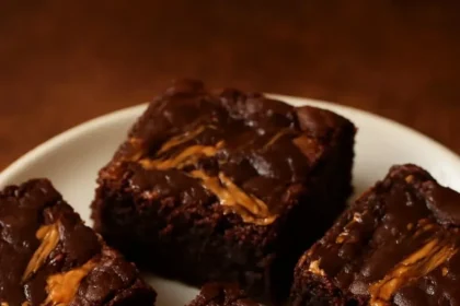 Delicious Peanut Butter Swirl Brownies topped with creamy peanut butter swirls