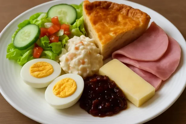 A traditional Ploughman’s Lunch featuring cheese, bread, and pickles.