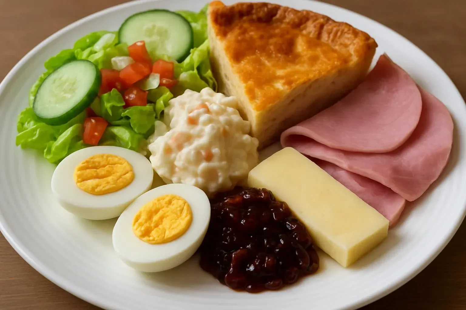 A traditional Ploughman’s Lunch featuring cheese, bread, and pickles.