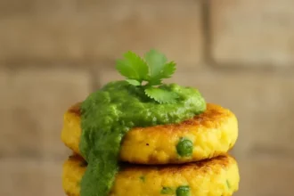 Crispy potato patties served with vibrant green chutney