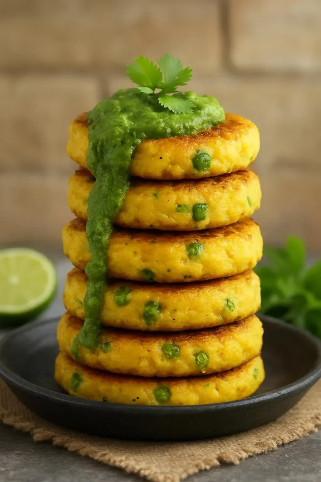 Crispy potato patties served with vibrant green chutney