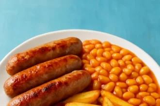 A plate of traditional British food featuring fish and chips, bangers and mash, and Yorkshire pudding.
