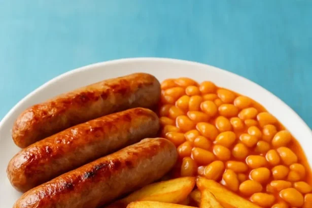 A plate of traditional British food featuring fish and chips, bangers and mash, and Yorkshire pudding.