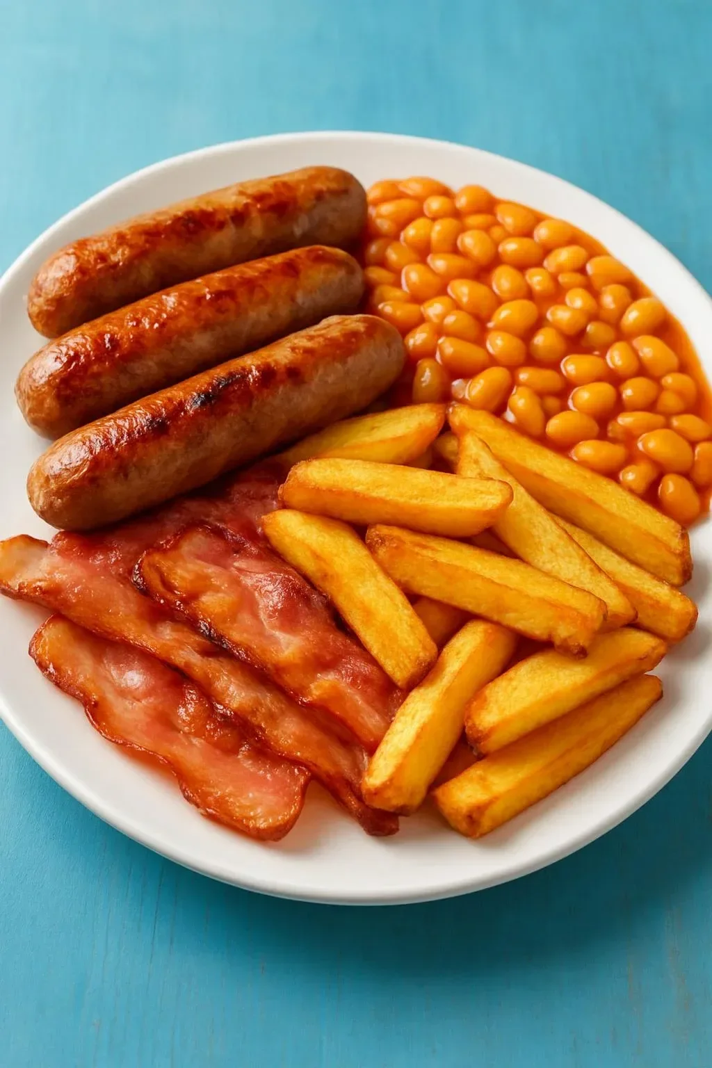 A plate of traditional British food featuring fish and chips, bangers and mash, and Yorkshire pudding.