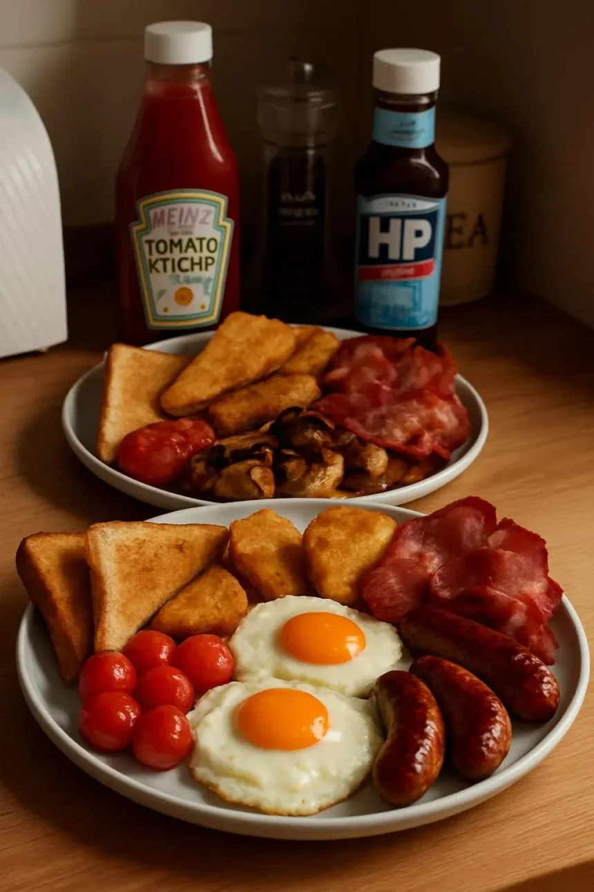 Delicious Sunday fry-up featuring eggs, bacon, sausages, and toast
