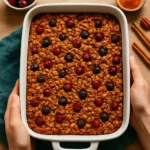 Bowl of pumpkin baked oatmeal topped with walnuts and spices