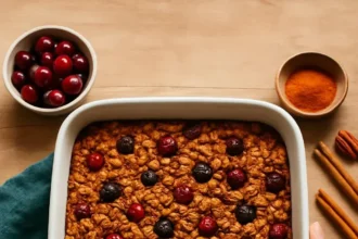 Bowl of pumpkin baked oatmeal topped with walnuts and spices
