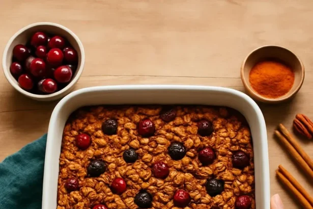 Bowl of pumpkin baked oatmeal topped with walnuts and spices