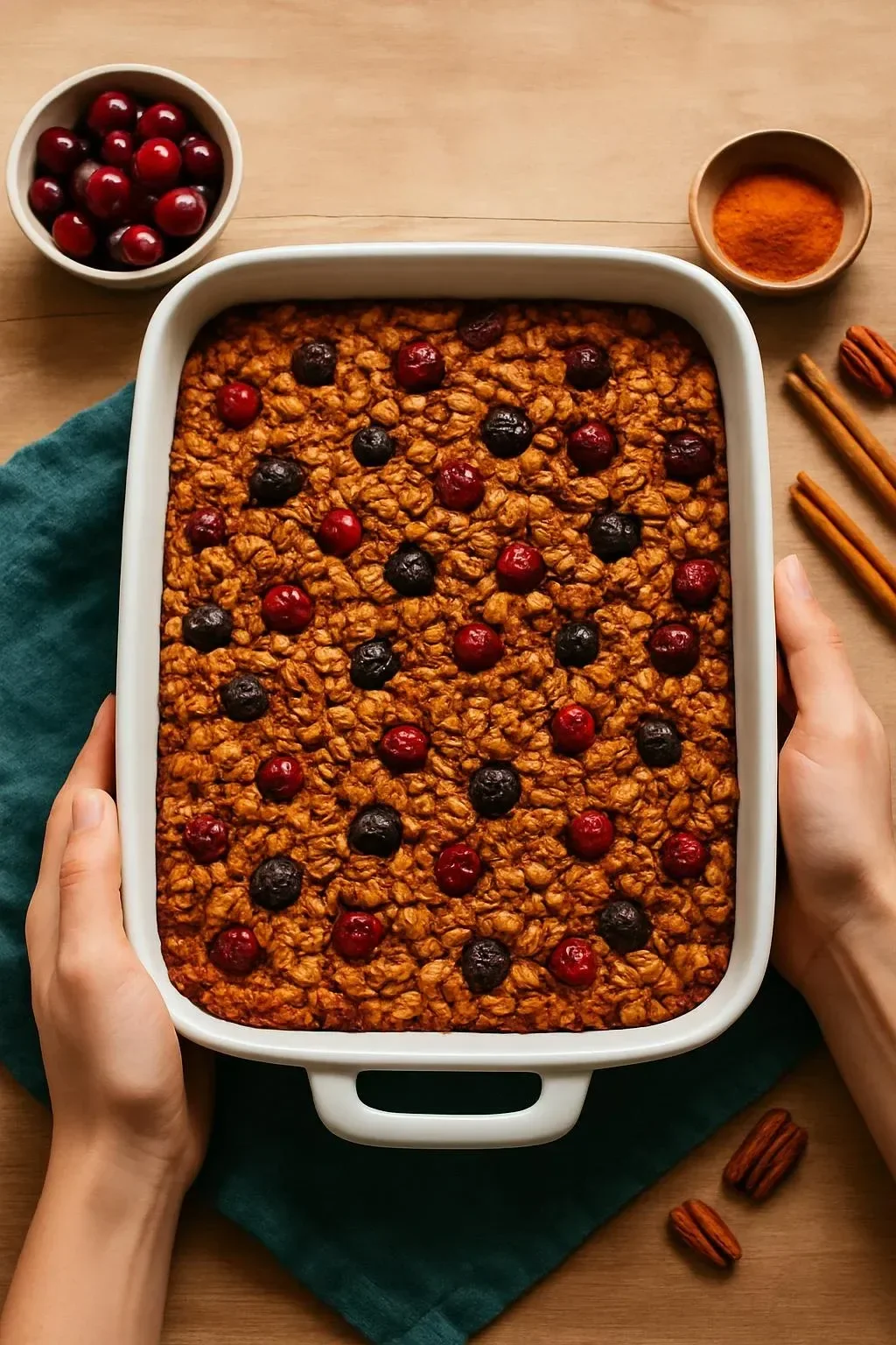 Bowl of pumpkin baked oatmeal topped with walnuts and spices