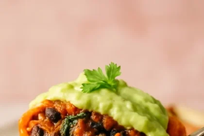 Pumpkin Black Bean Enchiladas topped with cheese and served on a plate