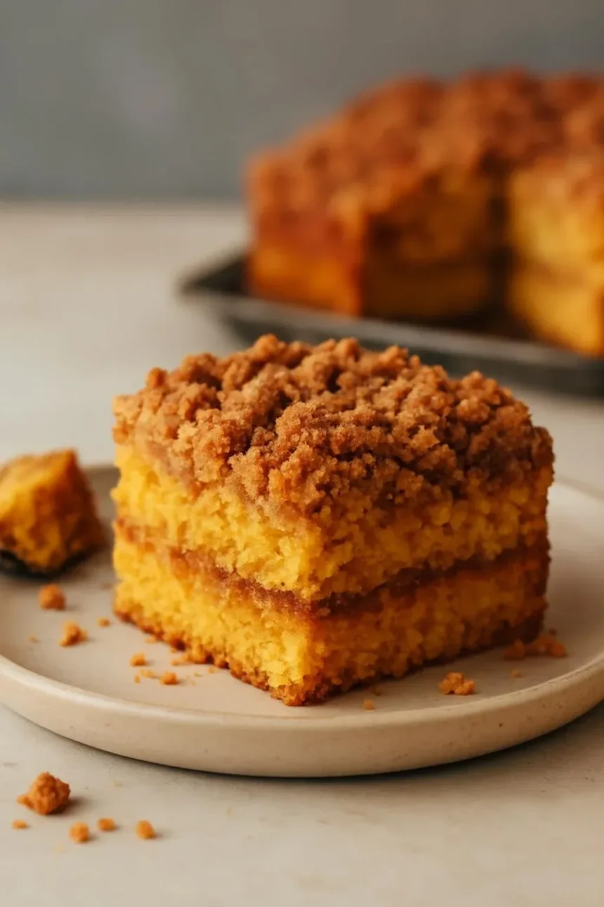 Slice of Pumpkin Coffee Cake on a plate with coffee