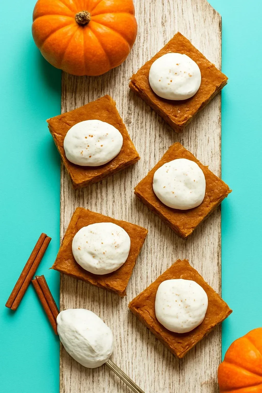 Delicious Pumpkin Pie Bars topped with whipped cream and spices