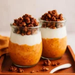 Bowl of pumpkin pie overnight oats topped with spices and pumpkin seeds