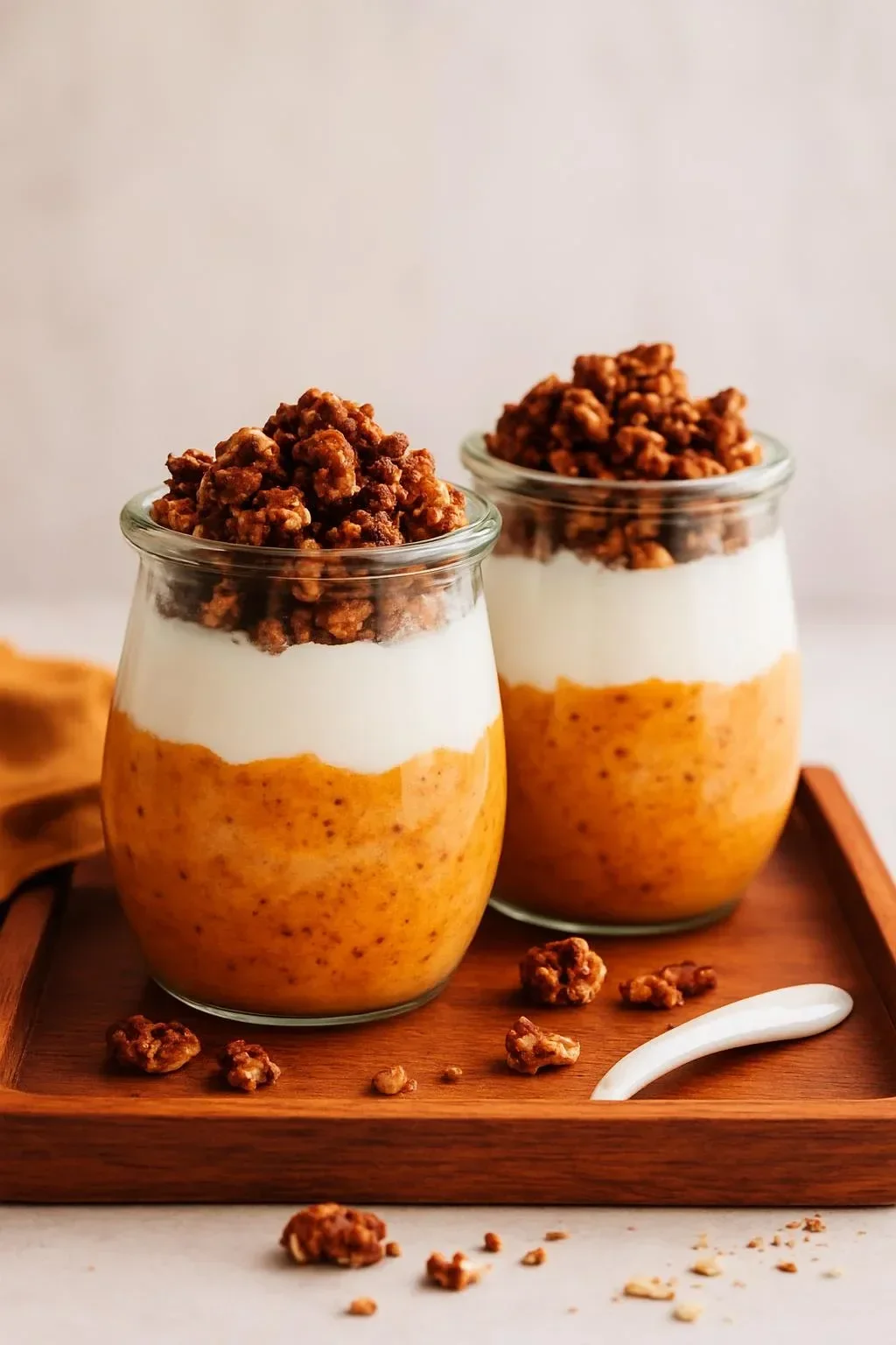Bowl of pumpkin pie overnight oats topped with spices and pumpkin seeds