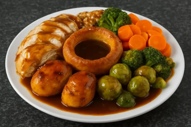 Deliciously roasted chicken dinner served with sides.